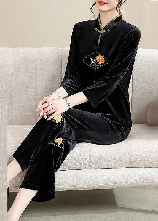 Organic Black Embroideried Button Silk Velour Two Piece Set Fall Ada Fashion