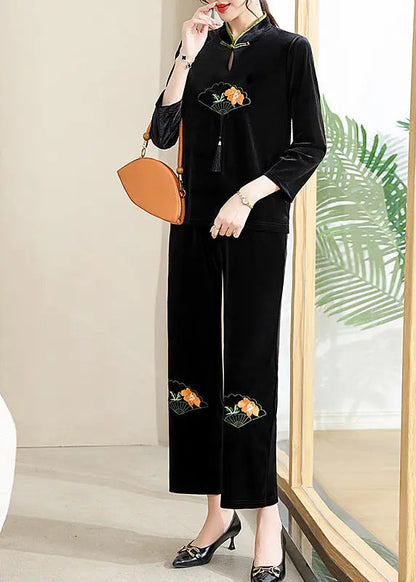 Organic Black Embroideried Button Silk Velour Two Piece Set Fall Ada Fashion