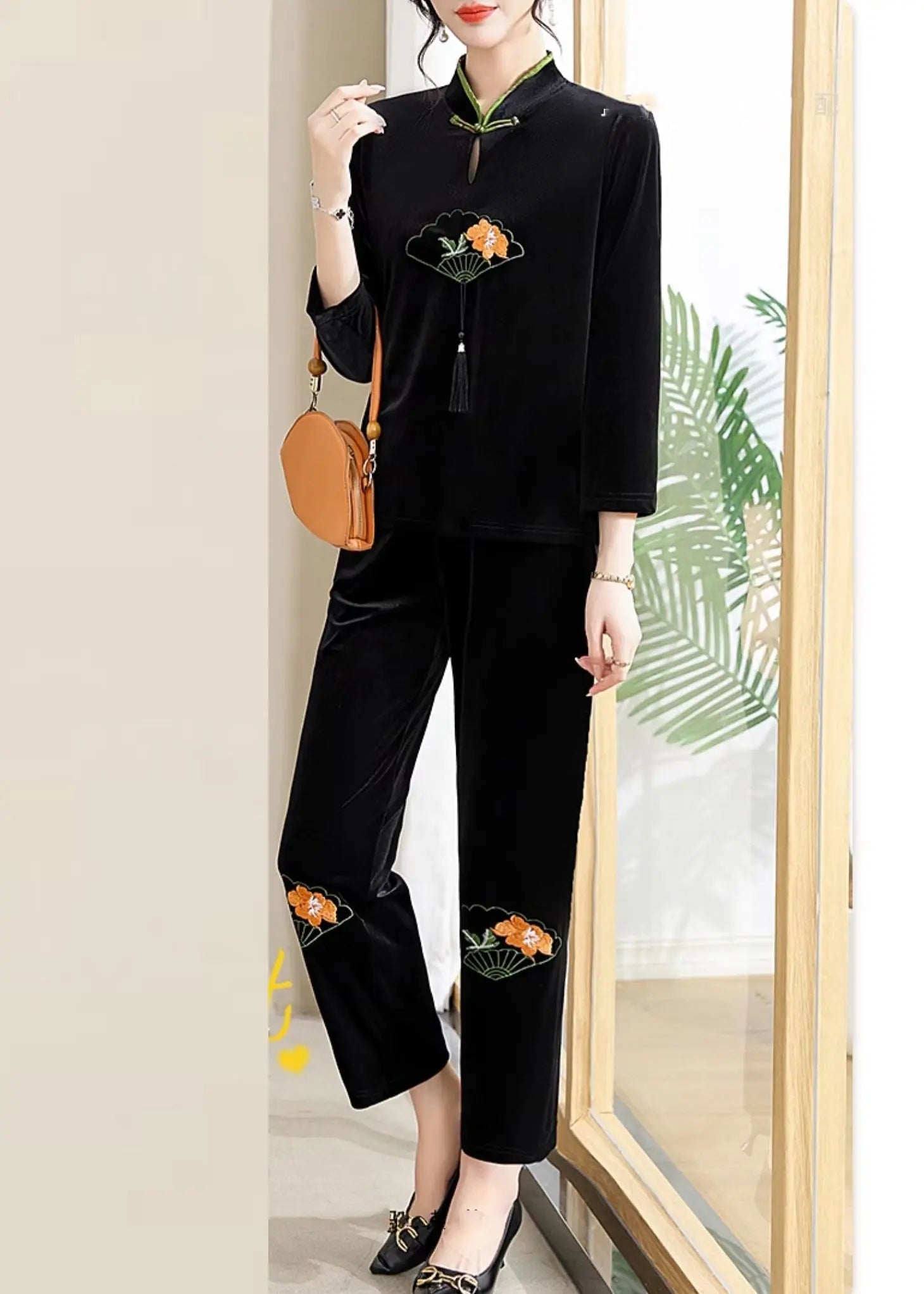 Organic Black Embroideried Button Silk Velour Two Piece Set Fall Ada Fashion