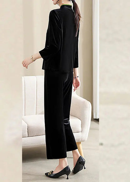 Organic Black Embroideried Button Silk Velour Two Piece Set Fall Ada Fashion