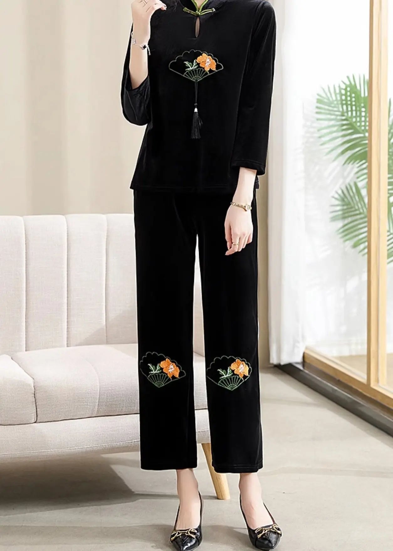 Organic Black Embroideried Button Silk Velour Two Piece Set Fall Ada Fashion