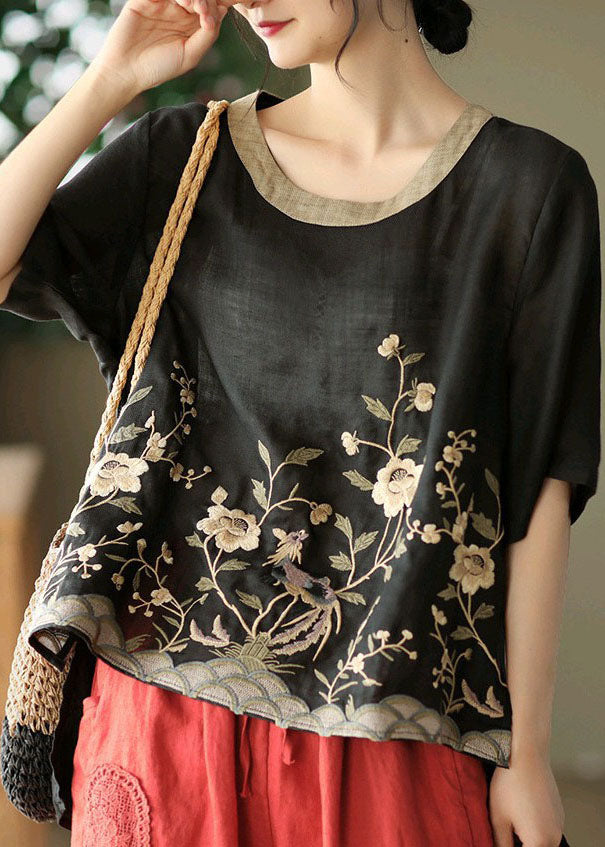 Organic Black Embroideried Low High Design Linen Tanks Short Sleeve TG1014 - fabuloryshop