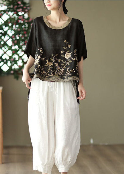 Organic Black Embroideried Low High Design Linen Tanks Short Sleeve TG1014 - fabuloryshop