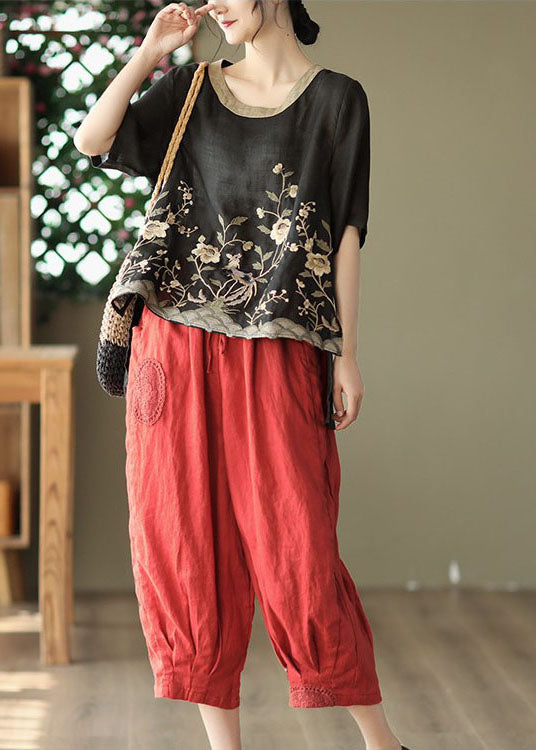 Organic Black Embroideried Low High Design Linen Tanks Short Sleeve TG1014 - fabuloryshop