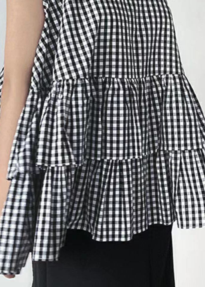 Organic Black O Neck Plaid Ruffled Cotton Shirts Sleeveless LY2117 - fabuloryshop