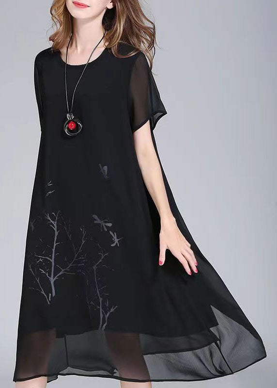 Organic Black O Neck Print Patchwork Chiffon Dresses Summer Ada Fashion