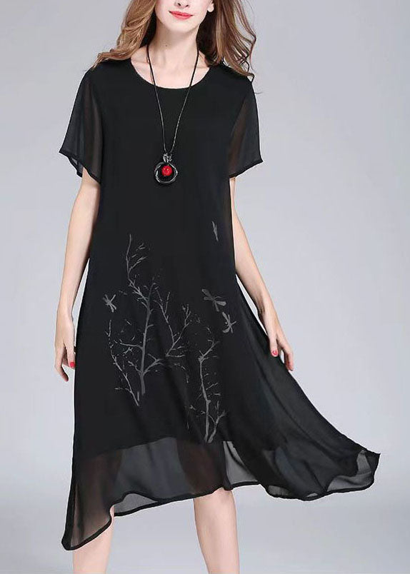 Organic Black O Neck Print Patchwork Chiffon Dresses Summer Ada Fashion