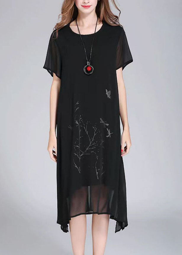 Organic Black O Neck Print Patchwork Chiffon Dresses Summer Ada Fashion