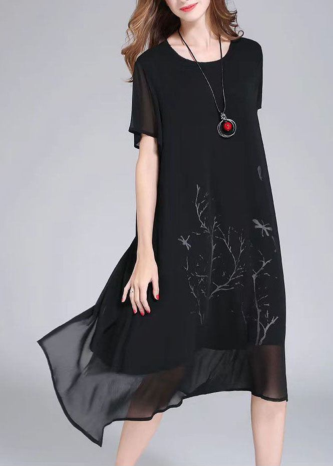 Organic Black O Neck Print Patchwork Chiffon Dresses Summer Ada Fashion