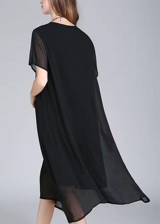 Organic Black O Neck Print Patchwork Chiffon Dresses Summer Ada Fashion