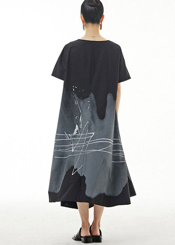 Organic Black O Neck Print Patchwork Cotton Dress Summer LY1213 - fabuloryshop