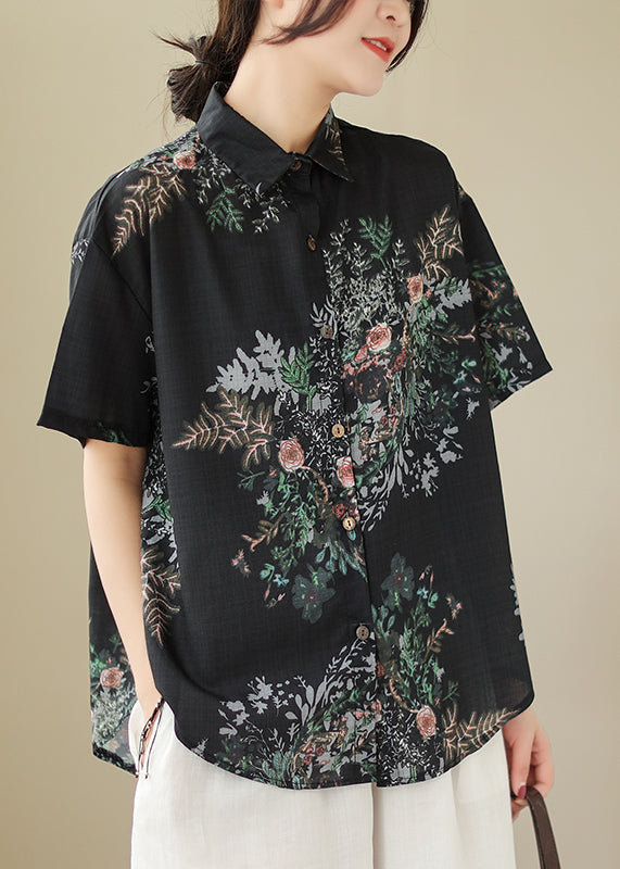 Organic Black Oversized Print Linen Blouses Summer Ada Fashion