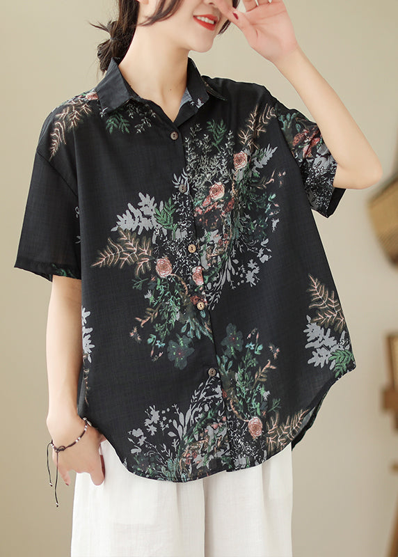 Organic Black Oversized Print Linen Blouses Summer Ada Fashion