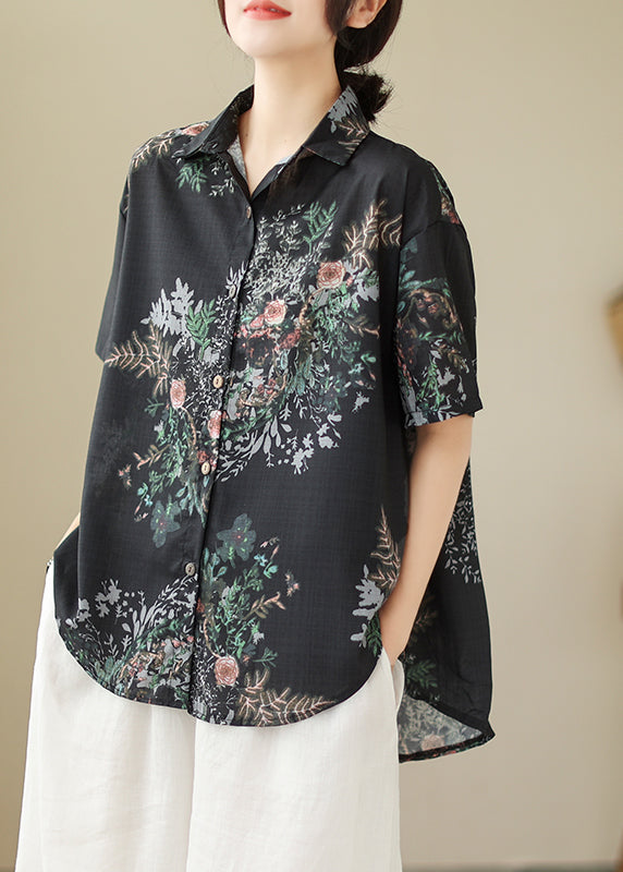 Organic Black Oversized Print Linen Blouses Summer Ada Fashion