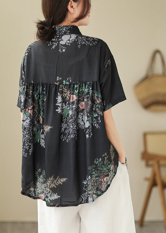 Organic Black Oversized Print Linen Blouses Summer Ada Fashion