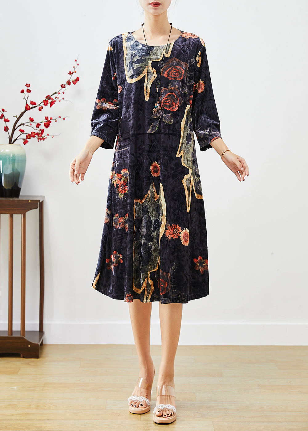 Organic Black Oversized Print Silk Velour Maxi Dresses Fall Ada Fashion