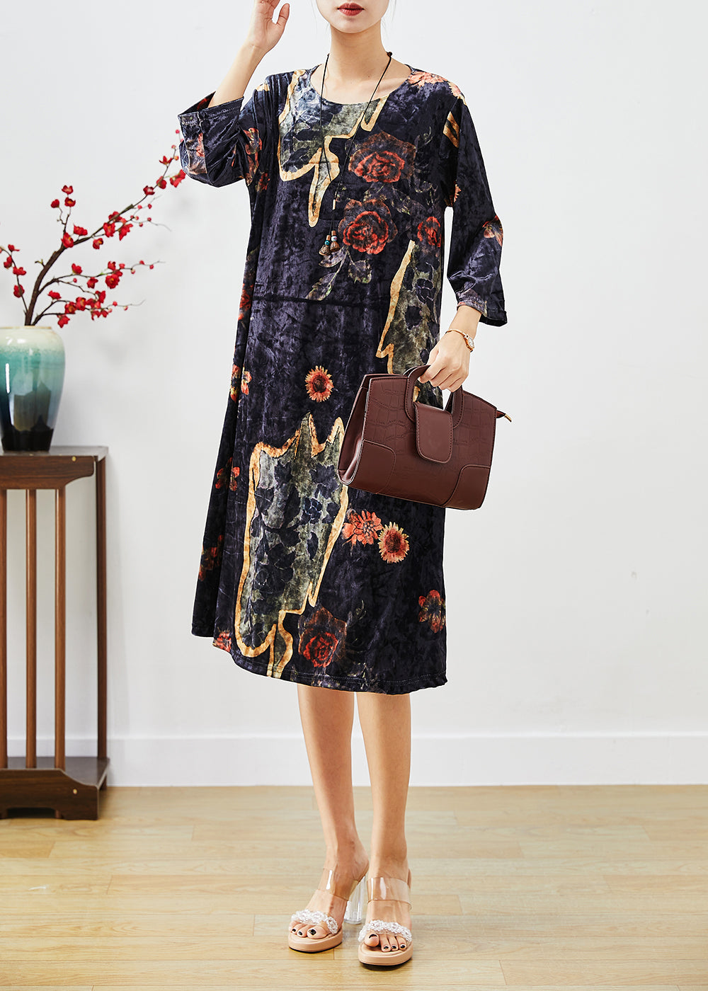 Organic Black Oversized Print Silk Velour Maxi Dresses Fall Ada Fashion