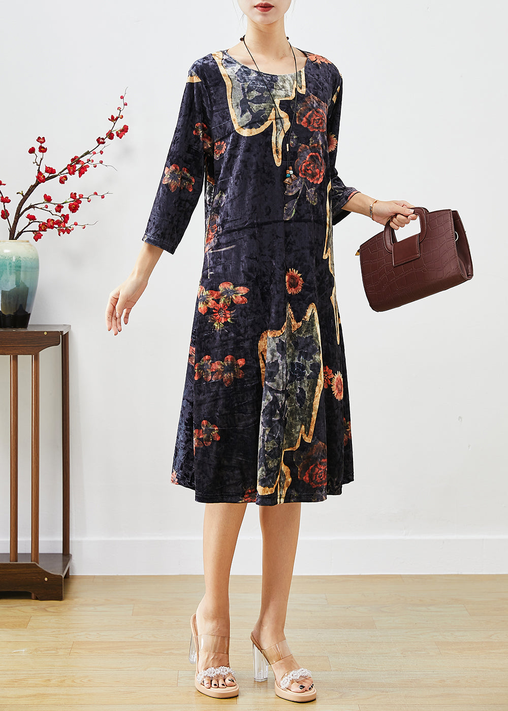 Organic Black Oversized Print Silk Velour Maxi Dresses Fall Ada Fashion