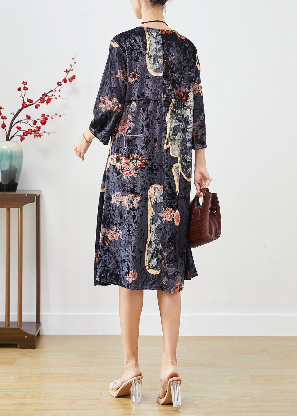 Organic Black Oversized Print Silk Velour Maxi Dresses Fall Ada Fashion