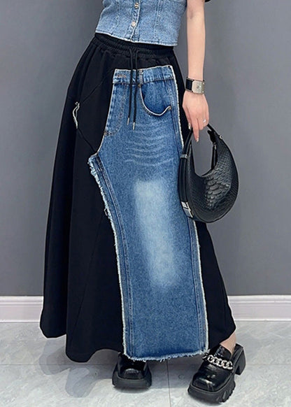 Organic Black Patchwork Blue Elastic Waist Tie Waist Long Skirt Summer LY4351 - fabuloryshop