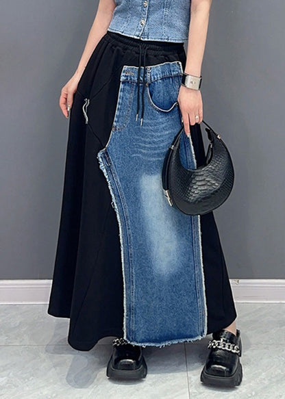 Organic Black Patchwork Blue Elastic Waist Tie Waist Long Skirt Summer LY4351 - fabuloryshop