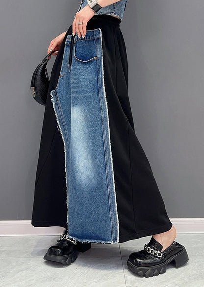 Organic Black Patchwork Blue Elastic Waist Tie Waist Long Skirt Summer LY4351 - fabuloryshop