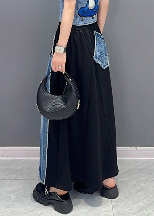 Organic Black Patchwork Blue Elastic Waist Tie Waist Long Skirt Summer LY4351 - fabuloryshop