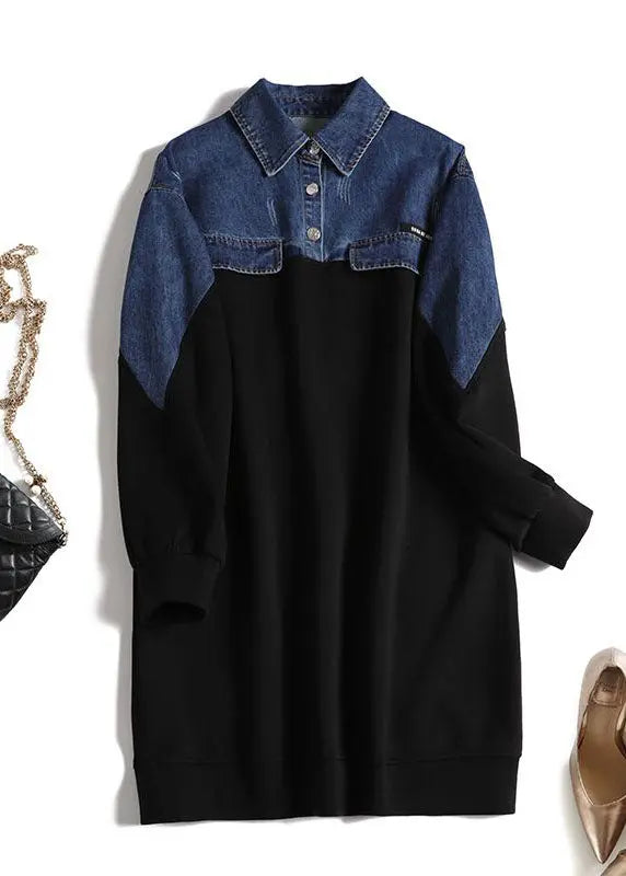 Organic Black Peter Pan Collar Denim Patchwork Button Maxi Dress Long Sleeve Ada Fashion