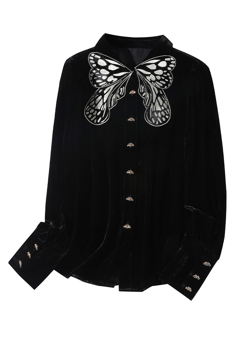 Organic Black Peter Pan Collar Embroideried Butterfly Button Velour Shirts Long Sleeve LY0105 - fabuloryshop