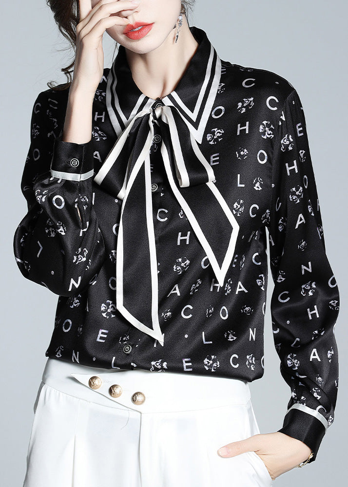 Organic Black Peter Pan Collar Print Bow Button Silk Shirts AC3029 - fabuloryshop