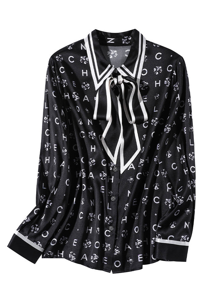 Organic Black Peter Pan Collar Print Bow Button Silk Shirts Spring LY0723 - fabuloryshop