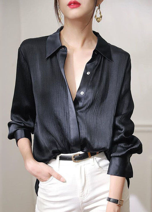 Organic Black Peter Pan Collar Wrinkled Patchwork Silk Shirts Spring LY1411 - fabuloryshop