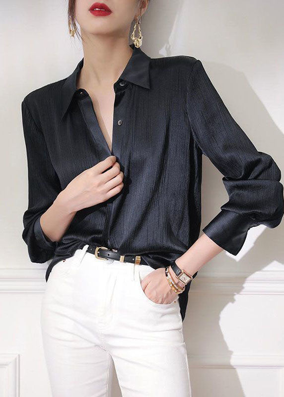 Organic Black Peter Pan Collar Wrinkled Patchwork Silk Shirts Spring LY1411 - fabuloryshop