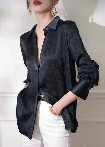 Organic Black Peter Pan Collar Wrinkled Patchwork Silk Shirts Spring LY1411 - fabuloryshop