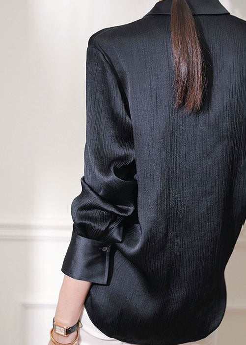 Organic Black Peter Pan Collar Wrinkled Patchwork Silk Shirts Spring LY1411 - fabuloryshop