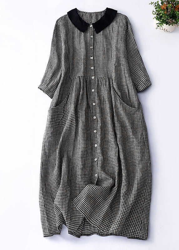 Organic Black Plaid Peter Pan Collar Patchwork Linen Dresses Summer LY4911 - fabuloryshop