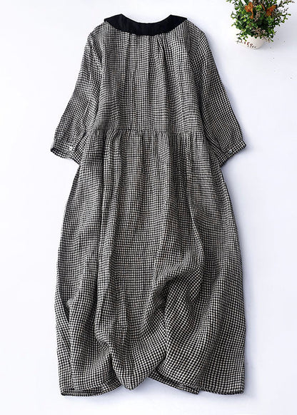 Organic Black Plaid Peter Pan Collar Patchwork Linen Dresses Summer LY4911 - fabuloryshop