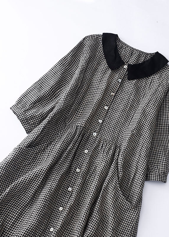 Organic Black Plaid Peter Pan Collar Patchwork Linen Dresses Summer LY4911 - fabuloryshop