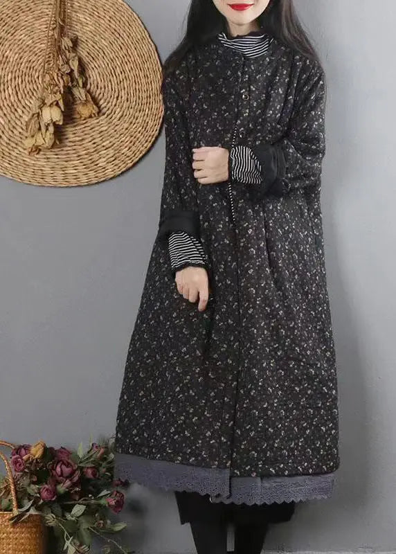 Organic Black Print Lace Patchwork Fine Cotton Filled Coat Winter Ada Fashion