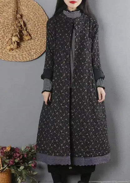 Organic Black Print Lace Patchwork Fine Cotton Filled Coat Winter Ada Fashion