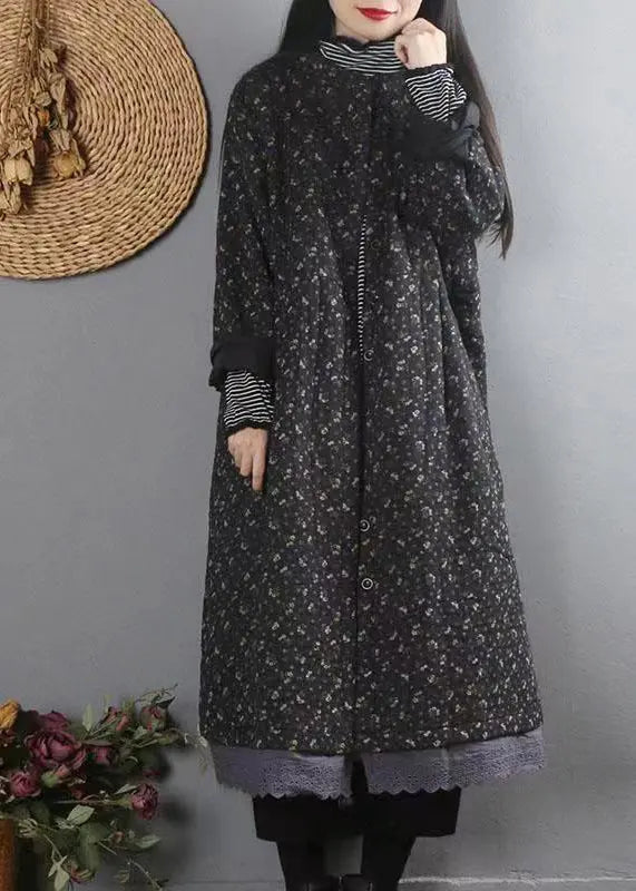 Organic Black Print Lace Patchwork Fine Cotton Filled Coat Winter Ada Fashion