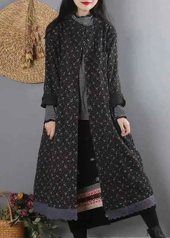 Organic Black Print Lace Patchwork Fine Cotton Filled Coat Winter Ada Fashion