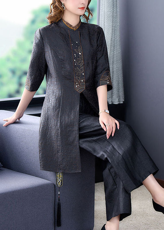 Organic Black Stand Collar Embroideried Silk Tops  Summer LY2238 - fabuloryshop