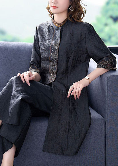 Organic Black Stand Collar Embroideried Silk Tops  Summer LY2238 - fabuloryshop