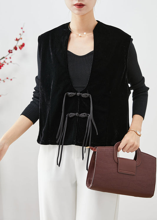 Organic Black Tasseled Chinese Button Silk Velour Vest Fall Ada Fashion