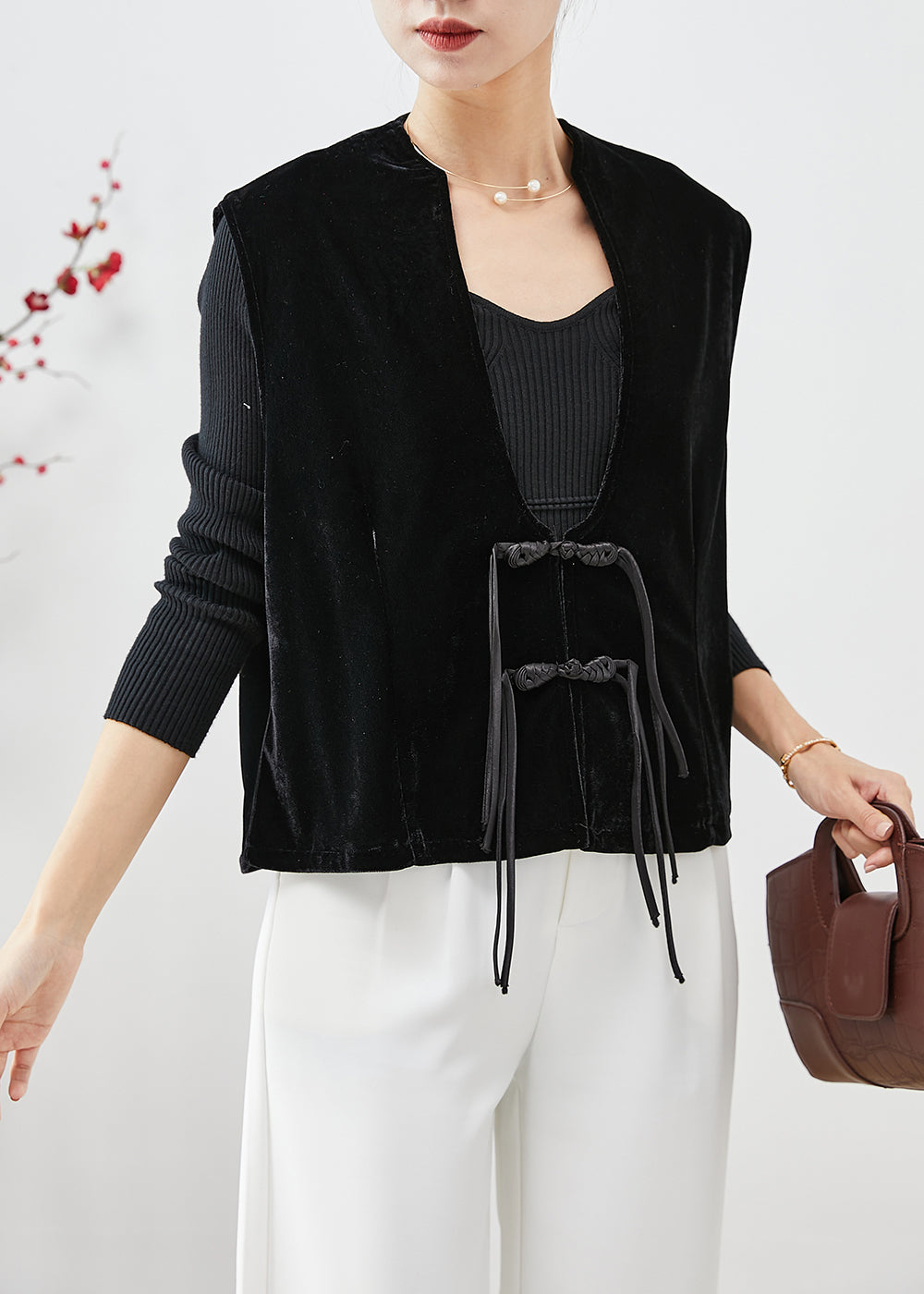 Organic Black Tasseled Chinese Button Silk Velour Vest Fall Ada Fashion