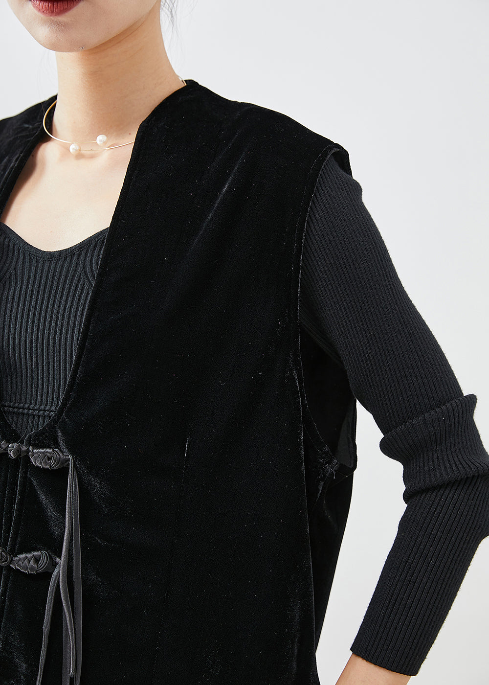 Organic Black Tasseled Chinese Button Silk Velour Vest Fall Ada Fashion