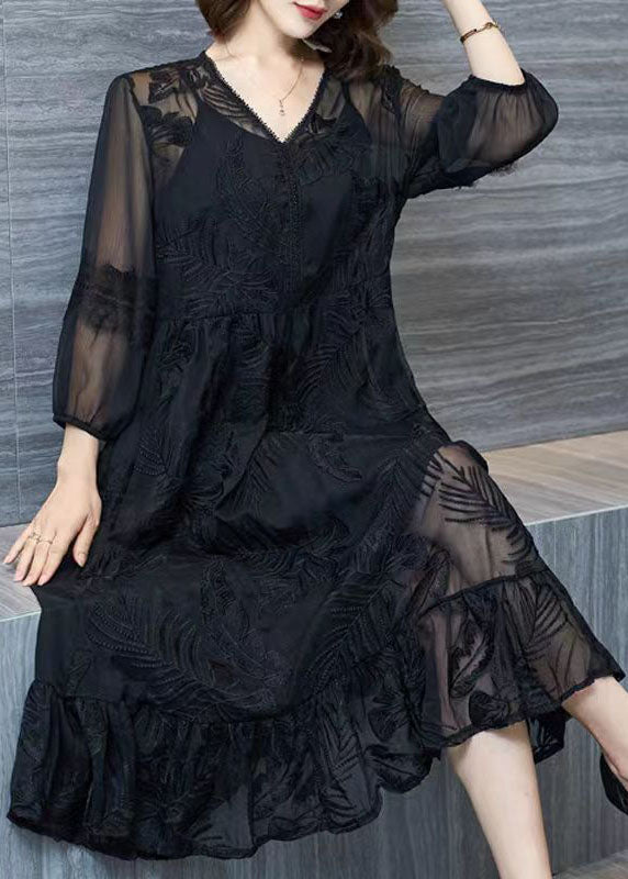 Organic Black V Neck Embroideried Patchwork Tulle Dresses Summer Ada Fashion