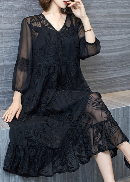 Organic Black V Neck Embroideried Patchwork Tulle Dresses Summer Ada Fashion