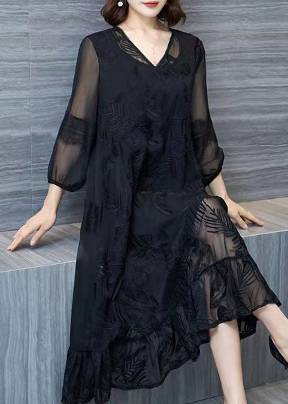 Organic Black V Neck Embroideried Patchwork Tulle Dresses Summer Ada Fashion